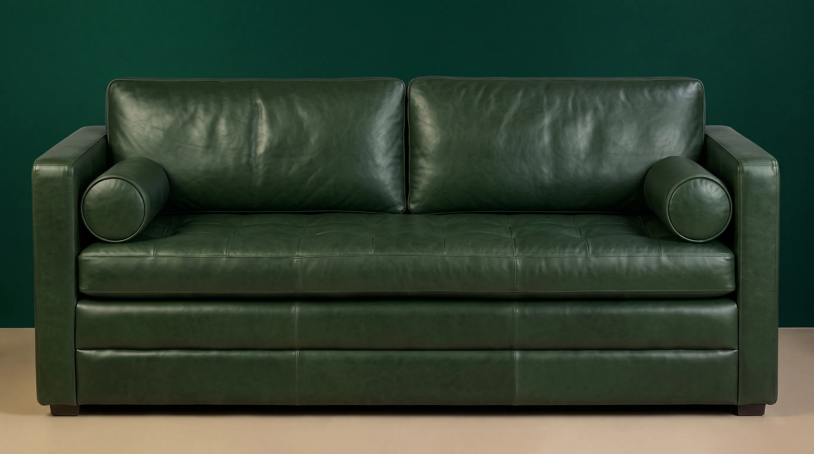 Forest-green leather sofa after patina restoration